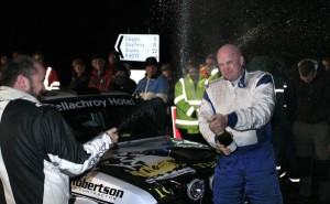 Calum (right) and Iain Duffy celebrate winning Mull Rally 2014
